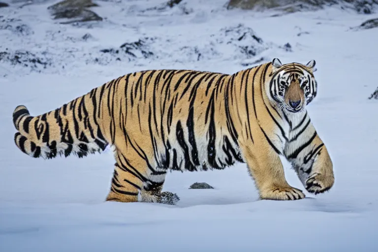 Image similar to a tiger polar bear!!! hybrid! hyper realistic!! realistic lighting!! wildlife photographer of the year!!! bold natural colors, national geographic, hd, wide angle, 8 k