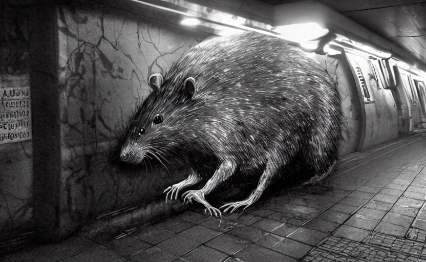 Prompt: very large giant mutant zombie rat infected by radiation sraying in tonnel of moscow subway. extreme high detail. low dark light, scary atmosphere.