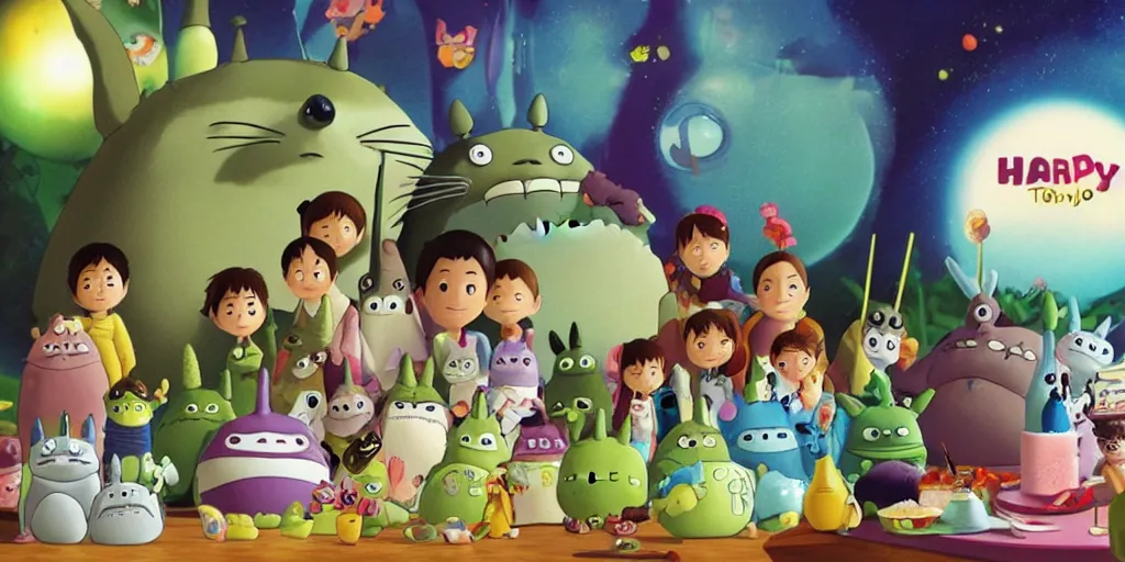 Image similar to totoro's brithday party, aliens of the toy story say happy birthday, style of hayao miyazaki, cinematic light, warm, elegant