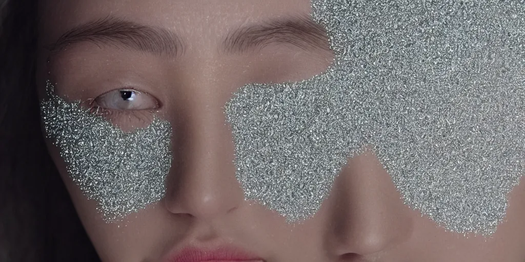 Image similar to glitter and droplets of clear water on beautiful skin, no face, no head