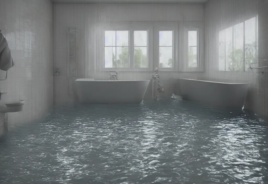 Image similar to kodak portra 4 0 0 photographic and realistic, interior of a bathroom, detailed, octane render, unreal engine, 4 k, artstation, hyper realistic, wide angle, floor flooded, how a river, objects that float, 3 5 mm, sharp focus, soft light, volumetric light, in the style of gregory crewdson