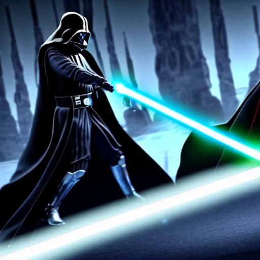 Prompt: ultra detailed picture of a fight between darth vador and obi wan kenobi where they each have only one lightsaber in their hand, unreal engine, extremely detailed, epic, dark, highly realistic, beautiful, ultra hd, extremely realistic faces