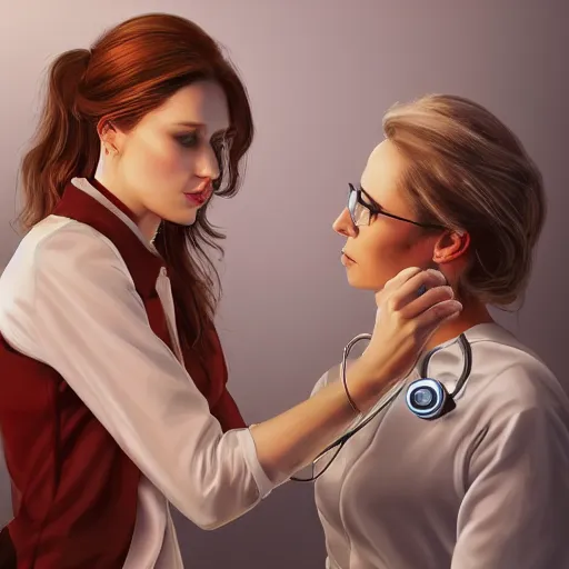 Image similar to doctor checking eyes of a beautiful woman, stethoscope scope around neck, sci fi artstation, digital art, highly detailed, intricate