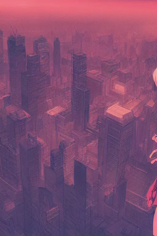 Image similar to concept art painting of a guy with wings flying over city skyline, moody vibe, moody lighting, artgerm, moebius, inio asano, toon shading, cel shading, calm, tranquil, vaporwave colors,