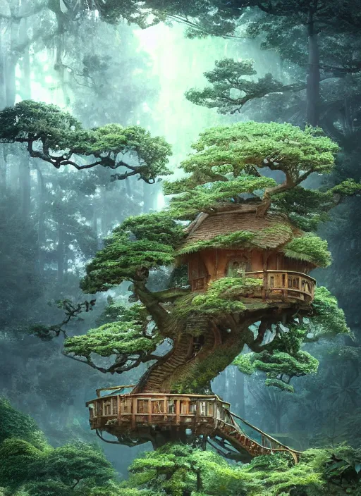 Image similar to beautiful tree house in a gnarly bonsai in a ancient forrest, dynamic lighting, cinematic, establishing shot, extremly high detail, foto realistic, cinematic lighting, post processed, concept art, artstation, matte painting, style by ghibli, myazaki