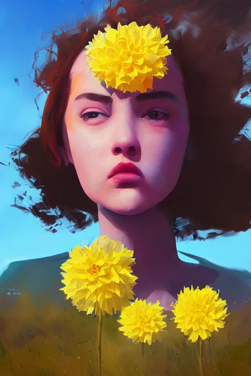 Image similar to closeup girl with huge yellow dahlia flower face, on the beach, surreal photography, blue sky, sunrise, dramatic light, impressionist painting, digital painting, artstation, simon stalenhag