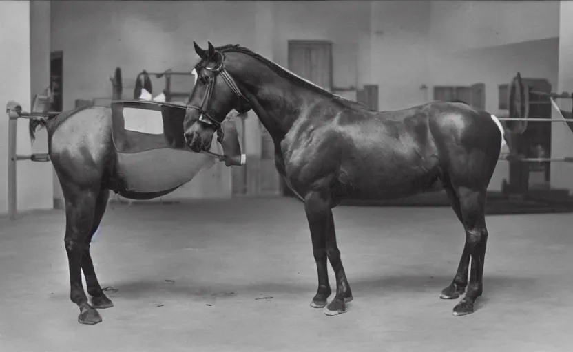 Image similar to strong cart horse with big muscles in a gym, photograph, strong, 1 8 5 0 s, 1 9 8 0 s