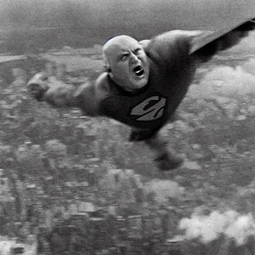 Prompt: “Close-up of very old and bald and fat Superman flying over destroyed city. Newspaper photo.”