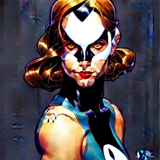 Image similar to artgerm, joshua middleton comic cover art, pretty domino character marvel comics sarah michelle gellar, place white skin, asymmetrical black spot covering left eye only, no spot right eye white around right eye