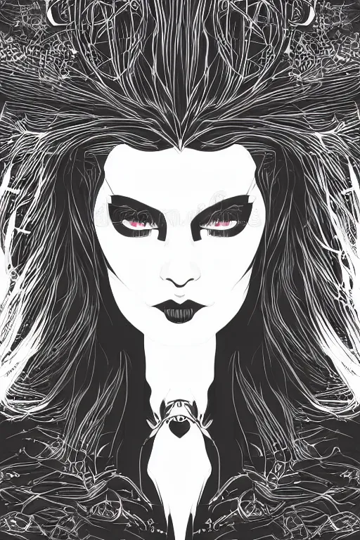 Image similar to close up portrait of a dark witch in front of the full big moon, vector graphic, .eps, .ai, Adobe Illustrator, clear lines and clear shapes, intricate, 8k highly professionally detailed, HDR, CGsociety