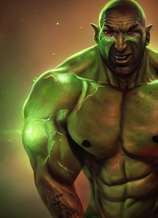 Prompt: A fantasy comic book style portrait painting of Dave Bautista as a crazed green orc, unreal 5, DAZ, hyperrealistic, octane render, RPG portrait, dynamic lighting