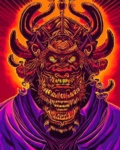 Image similar to barong family member, wiwek, mara demon, music, smoke from eyes, background red smoke with purple lightning, one single tribe member, jungle, one single mask, dark, ancient warrior, gorilla, lizard, inner glow, art by dan mumford and justin gerard