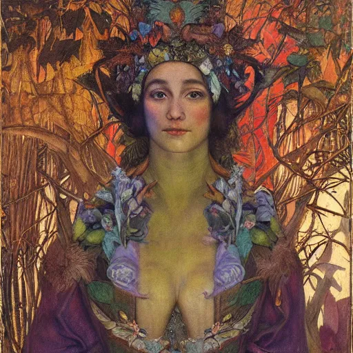 Image similar to portrait of the queen of the forest in full regalia, by Annie Swynnerton and Diego Rivera and Tino Rodriguez and Maxfield Parrish and Nicholas Roerich, elaborately costumed, rich color, dramatic cinematic lighting, extremely detailed