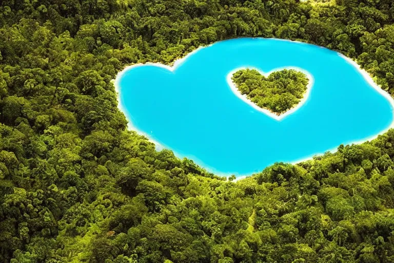 Image similar to a gigantic blue lagoon with the shape of a detailed human heart, in the middle of a exhuberant and colorful jungle, roads to the lake as veins and arteries, aerial photography by yann arthus bertrand