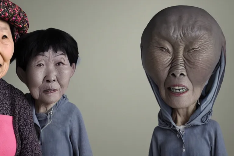 Prompt: old asian woman standing next to a grey alien