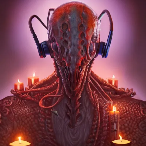 Prompt: ilithid mindflayer with headphones playing synthesizers, D&D, sigils, glowing candles, studio quality, intricate detail, unreal engine, hyperrealistic,