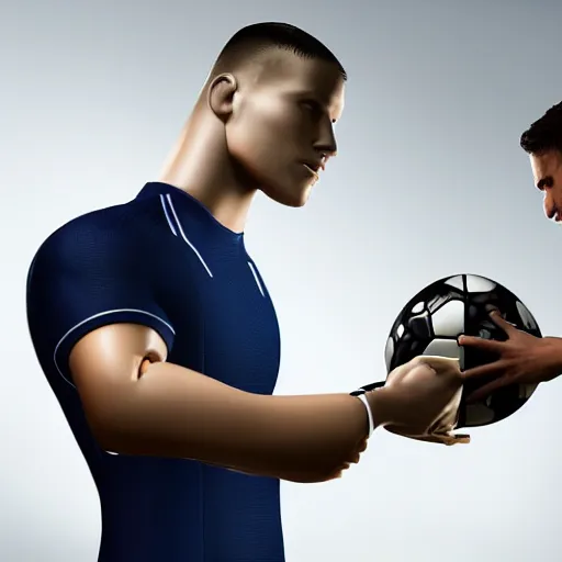 Image similar to a realistic detailed photo of a guy who is an attractive humanoid who is half robot and half humanoid, who is a male android, attractive and handsome soccer players, shiny skin, posing like a statue, blank stare, in a factory, on display, showing off his muscles, wearing soccer shorts, side view, looking at each other mindlessly