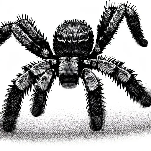 Image similar to book illustration of a tarantula with a machine gun mounted on its back. book illustration, monochromatic, white background, black and white image