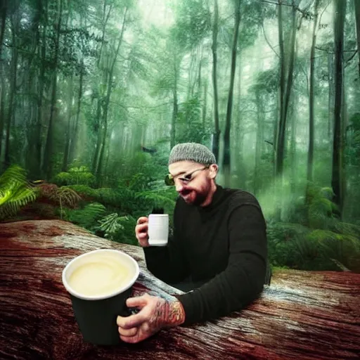 Prompt: dude drinking mug of hot coffee!!!!!!! in a mystical fantasy forest!!!!!!!!!