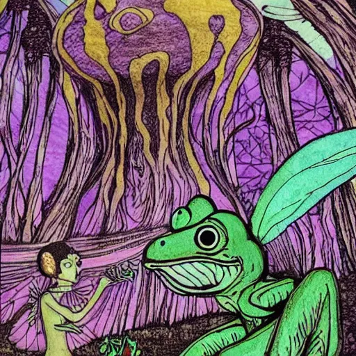 Image similar to scary fairy eating a frog in a psychedelic mushroom village, art style of junji ito, cel animation , masterpiece , post-processing , intricate , legendary matte painting