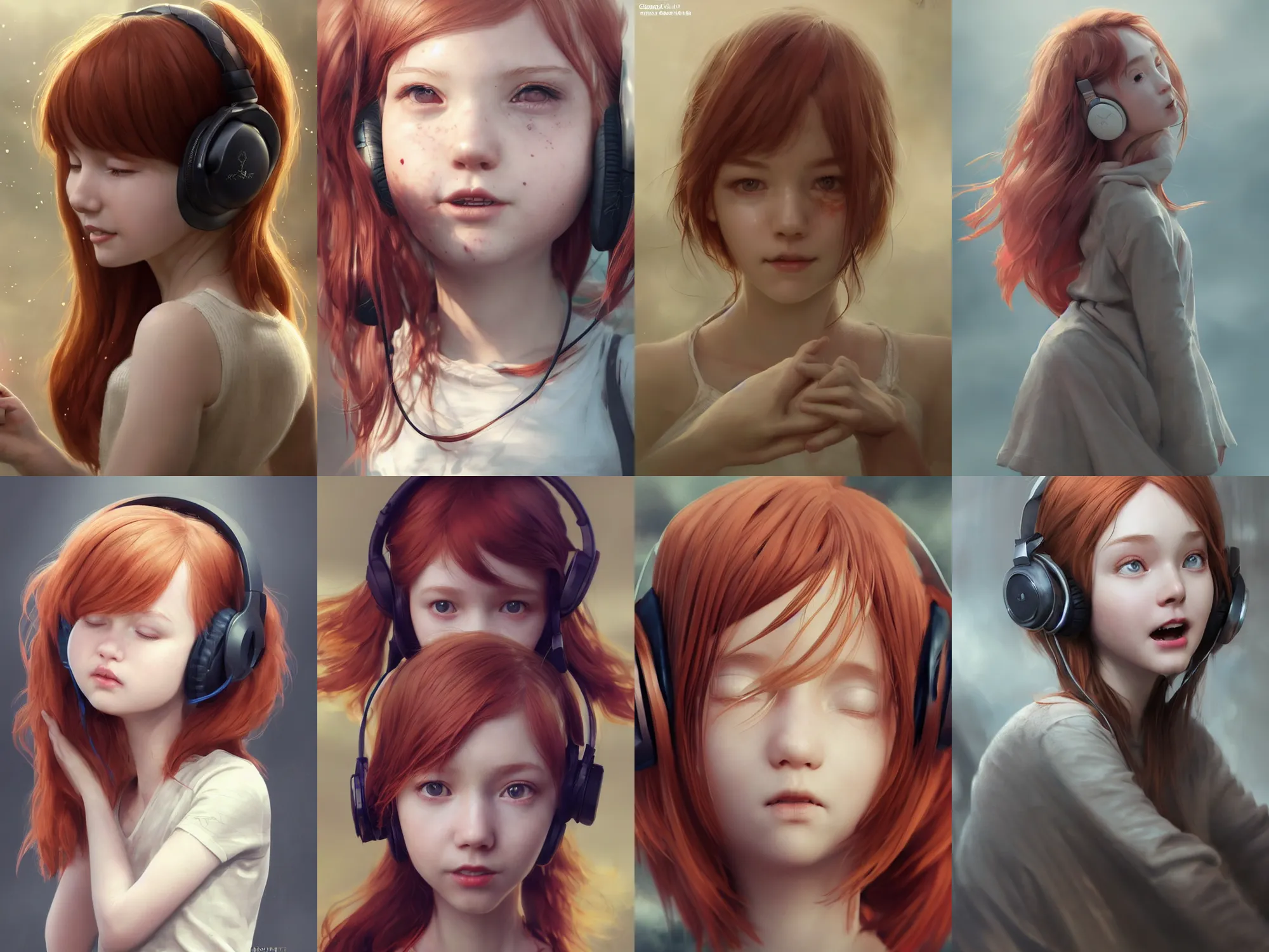 Prompt: complicated dynamic composition,realistic style at CGSociety by WLOP,Greg Rutkowski,trending on artstation. Zbrush sculpt colored,Octane render in Maya and Houdini VFX,realistic close-up face of cute young redhead girl, expressing joy, dress,headphones,silky hair, deep eyes.Amazing textured brush strokes.Cinematic dramatic atmosphere,sharp focus, soft volumetric studio lighting.