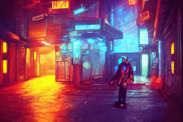 Image similar to cyberpunk ginger cat in the alley, neon lighting, rendered in unreal engine, trending on artstation, cyberpunk, night