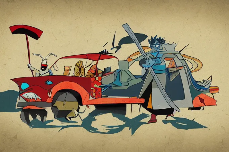 Image similar to samurai jack driving a clown car, photorealistic, detailed and intricate environment