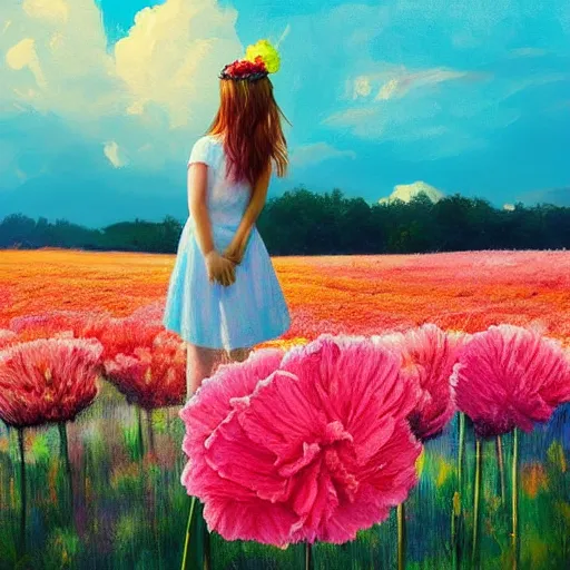 Image similar to girl with a giant carnation head, surreal photography, flower field, sunset dramatic light, impressionist painting, colorful clouds, blue sky, digital painting, artstation, simon stalenhag