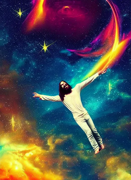 Image similar to Jesus Christ flying in space, dynamic lighting, +++++++++++ super super dynamic dynamic pose, glitch effect, colorful, space, starry night, intense, 20k