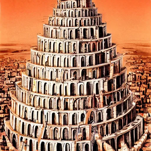 Image similar to The tower of babel made of people standing on top of each other, at the top of the tower there’s a hand that’s reaching for the sun. Wide angle lens, we can see the earth in the frame