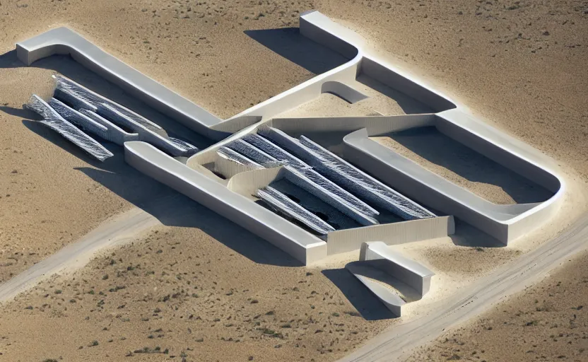 Prompt: parametric structure, medical complex, in the desert beside the gulf, view from above, design by peter zumthor, dezeen, architectural photography