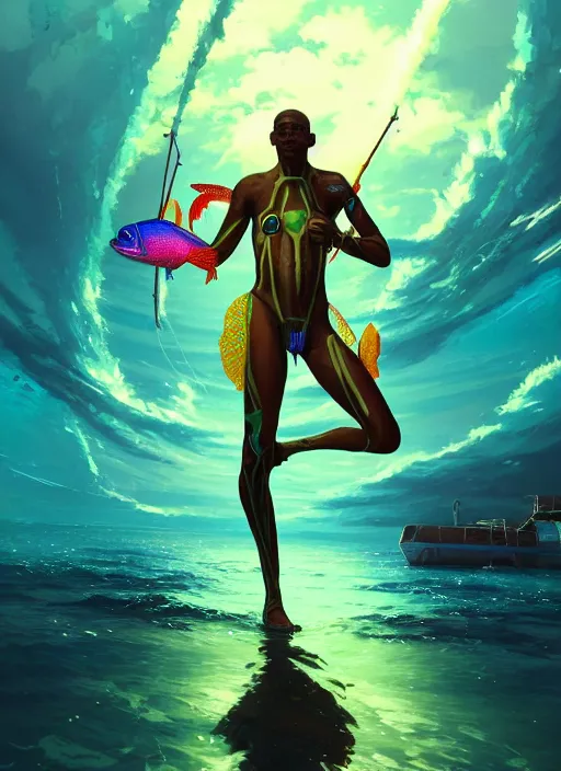 Image similar to portrait of a jamaican fisherman sci - fi glowing fishing armor jamaican colors muscular cyberpunk intricate elegant highly detailed digital painting artstation concept art, ocean fish background, greg rutkowski, loish, rhads, ferdinand knab, makoto shinkai and lois van baarle, ilya kuvshinov, rossdraws, tom bagshaw