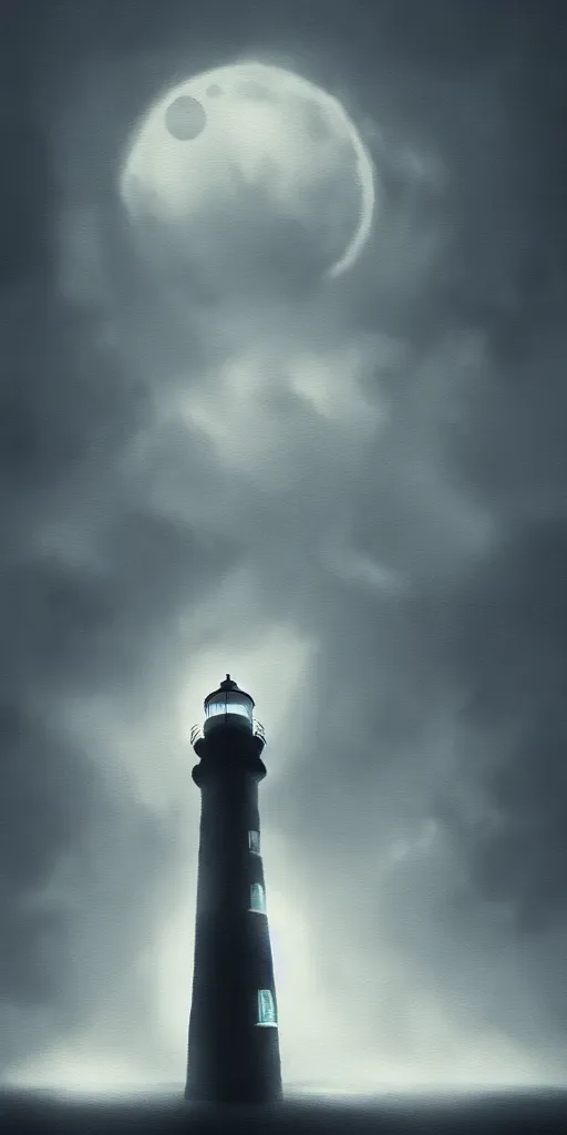 Prompt: a very very very tall, lighthouse, with searchlight godrays, volumetric light, moon, clouds, full height of the frame, artstation, digital art, expressive painting, moody paintbrush