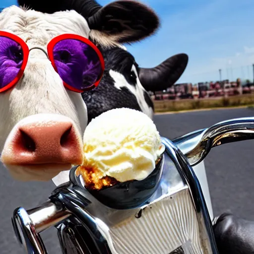 Prompt: cool cow eating icecream on a motorcycle with sunglasses