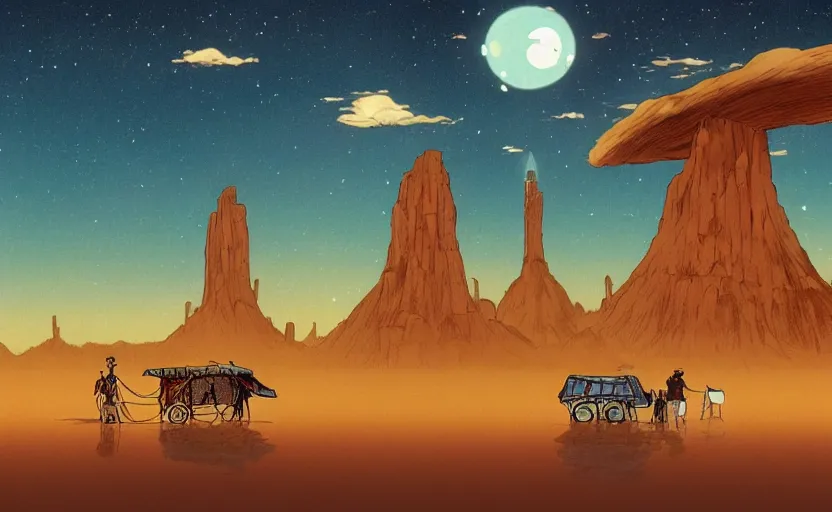 Image similar to a realistic cell - shaded studio ghibli concept art from paprika ( 2 0 0 6 ) of a cubic multi - colored rocketship from close encounters of the third kind ( 1 9 7 7 ) in a flooded monument valley stonehenge jungle jungle on a misty starry night. a camel caravan is in the foreground. very dull colors, portal, hd, 4 k, hq