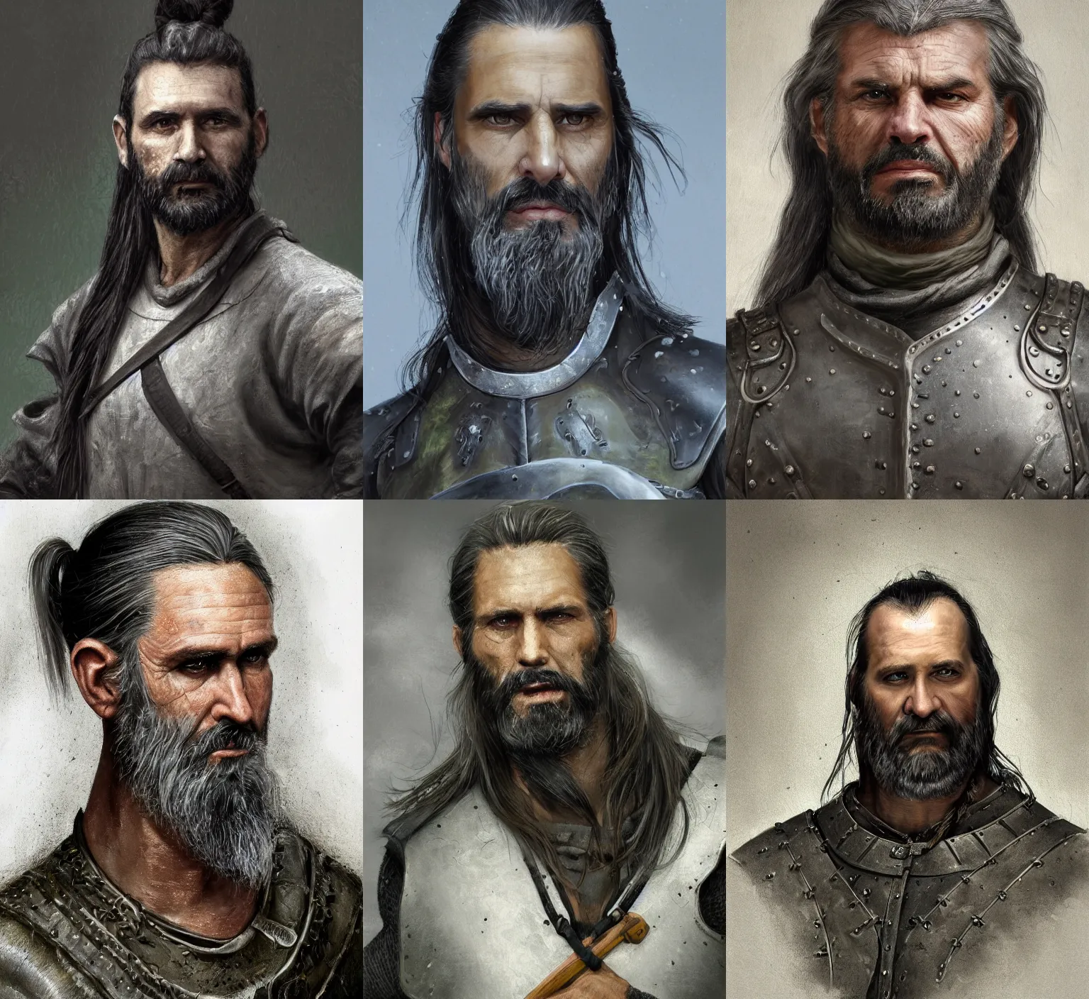 Prompt: medium-length portrait painting of a 40-year-old male hunter with dark gray hair tied into a ponytail, a scraggly goatee, long ponytail, white skin, gray eyes, stern expression, intricate gray-green leather armor, medieval setting, highly detailed, digital painting, artstation, concept art, sharp focus, illustration, art by greg rutkowski + alphonse mucha