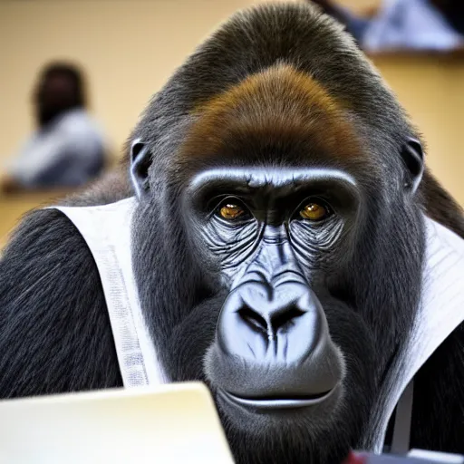 Image similar to gorilla taking an exam in an auditorium full of people