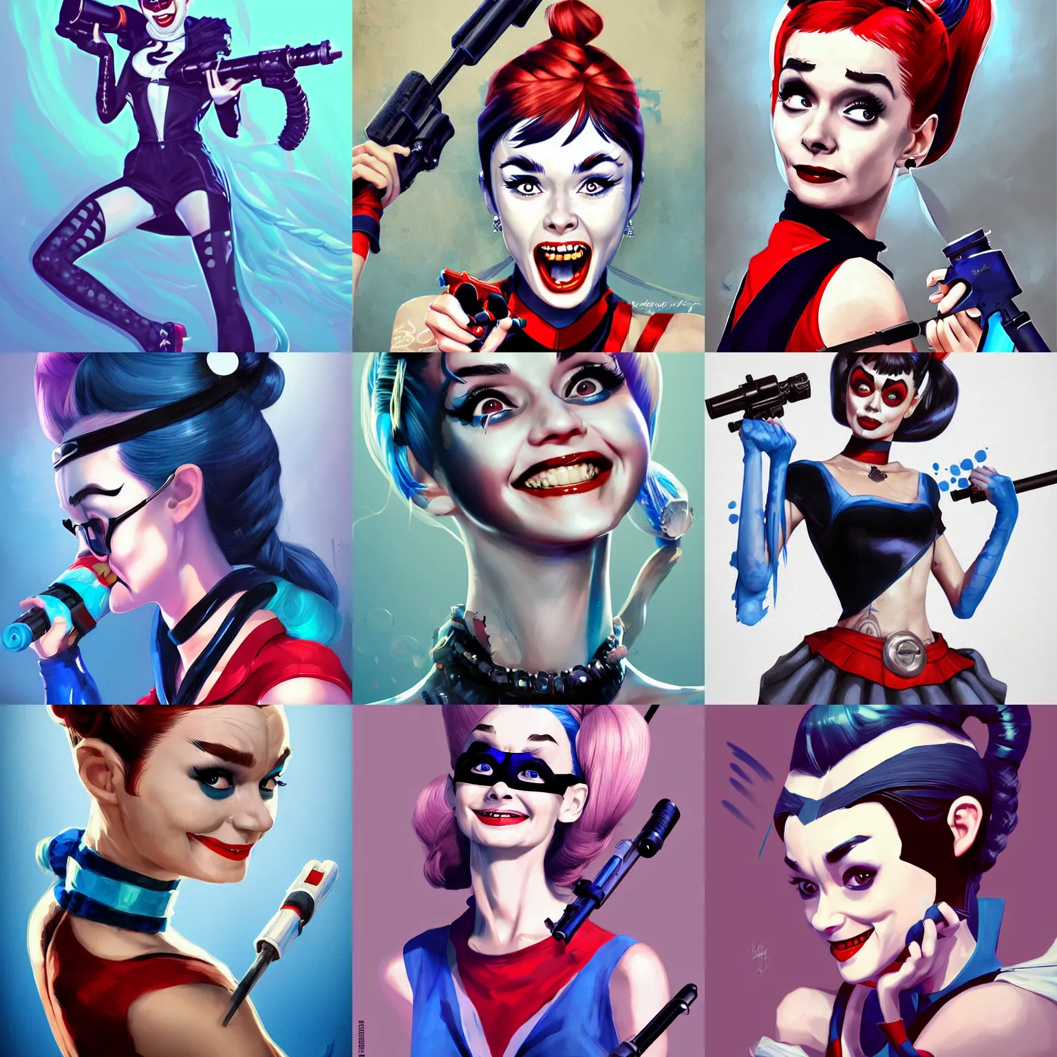 Prompt: evil audrey hepburn as harley quinn, no makeup, tane skin, blue hairs, double long braids blue, insane crazy laugh, arm with bazooka, portrait shinkai makoto artgerm rossdraws james jean marc simonetti highly detailed intricate matte sharp focus digital painting artstation pixiv