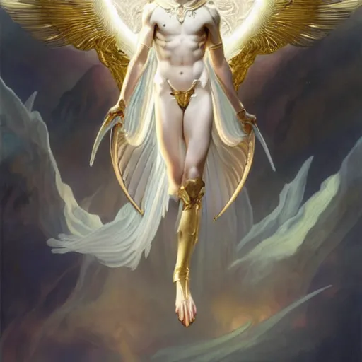 Image similar to the pale blond male angel of battle lucius wearing a white periwinkle, sci fi, glowing eyes, volumetric lights, gold theme, art nouveau botanicals, intricate, highly detailed, digital painting, artstation, concept art, smooth, sharp focus, cinematic, illustration, beautiful face, art by artgerm and greg rutkowski and alphonse mucha