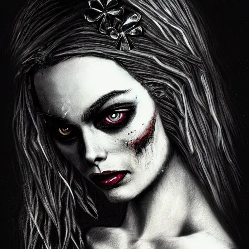 Prompt: michael karcz grunge drawing of margot robbie. , in the style of corpse bride, loony toons style, horror themed, detailed, elegant, intricate, trending on artstation, 4k