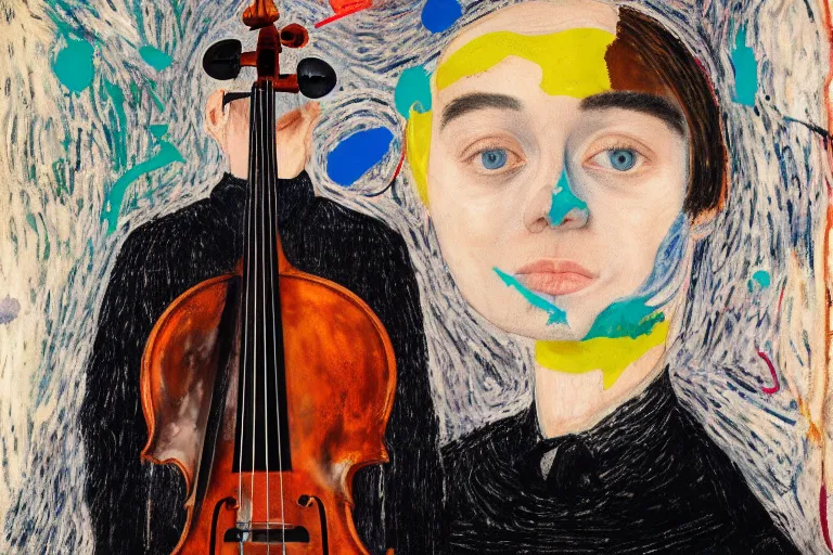 Image similar to portrait of a young cellist focusing with a background of hundreds of cellos by vincent lefevre and hernan bas and pat steir and hilma af klint, psychological, symmetrical face, dripping paint, rendered in octane, altermodern, masterpiece