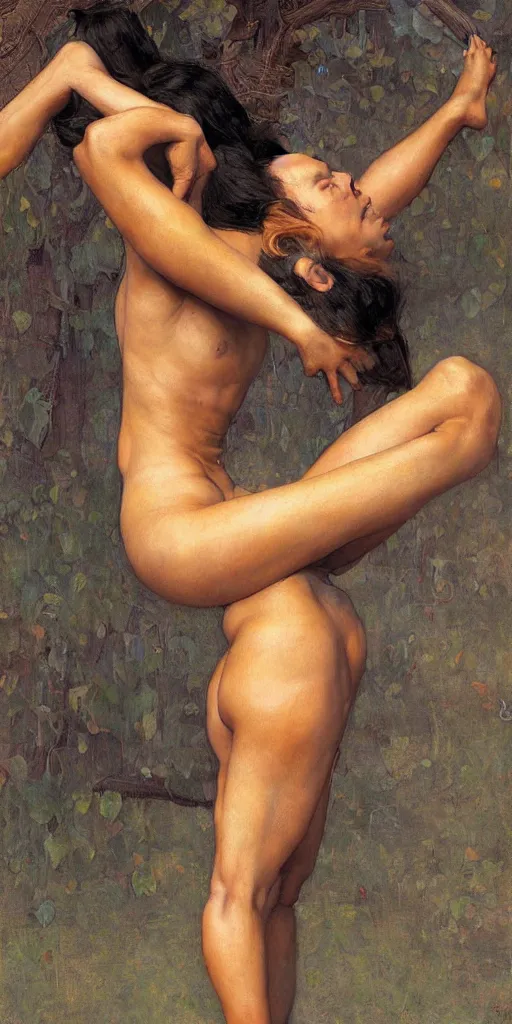 Image similar to epic masterpiece full body portrait half fox half woman, crying, acrobatic pose, beautiful face and flawless skin, by Edgar Maxence and Ross Tran and Michael Whelan