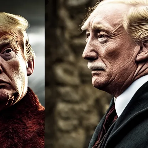 Image similar to donald trump as tywin lannister in game of thrones, 4 k, epic, cinematic, focus, movie still, fantasy, serious, extreme detail, atmospheric, dark colour, sharp focus