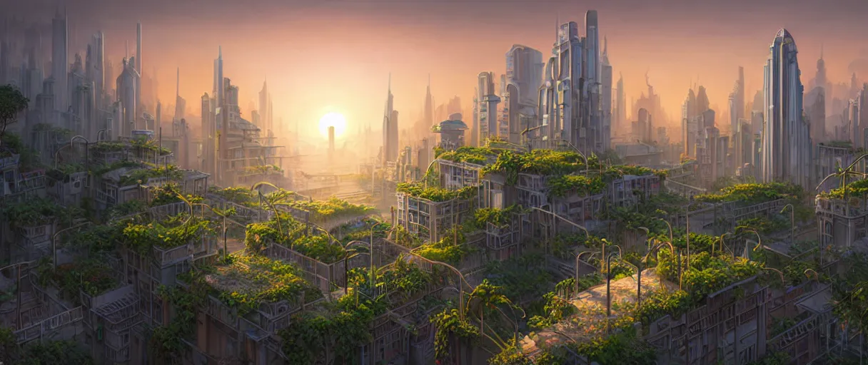 Image similar to matte painting solarpunk cityscape plants highly detailed sunrise