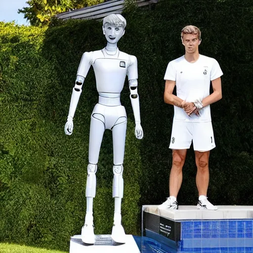 Image similar to a realistic detailed photo of a guy who is an attractive humanoid who is half robot and half humanoid, who is a male android, soccer player martin ødegaard, shiny skin, posing like a statue, blank stare, by the pool, on display, showing off his muscles, humanoid robot, frozen ice statue