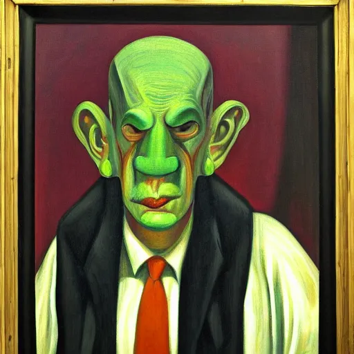 Image similar to fearful visage, portrait, peasant, cathedral, dystopian, pj crook, edward hopper, oil on canvas