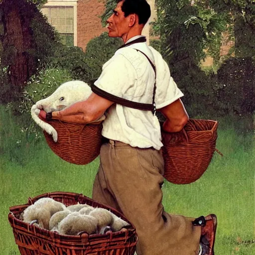 Prompt: a tank - like, fair skinned man with large ears and a big nose. he has frizzy, black hair, seems boring, has long, neat mutton chops, and he has a large scab on his left ear. he is carrying a basket. realism. photo realistic. norman rockwell. repin