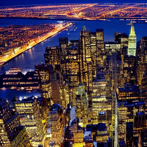 Prompt: raw photo of new york city aerial, night photography, long exposure