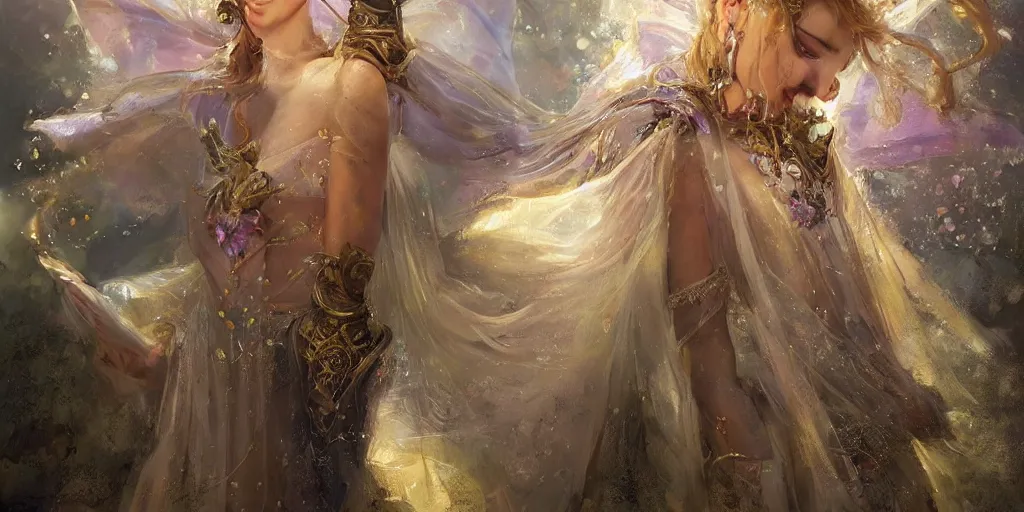 Image similar to hyperrealist portrait of a fairy girl emperorit is decorated with long robes that fall like stars and wears a huge crown. by daniel f. gerhartz, fantasy art, photo realistic, dynamic lighting, artstation, poster, volumetric lighting, very detailed faces, 4 k, award winning