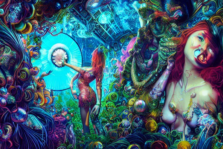 Prompt: rave girl by artgerm, steve argyle, ernst haeckel, david a. hardy, oyama kojima, phil koch, annie leibovitz, benoit mandelbrot, dan mumford, bruce pennington, mimmo rotella